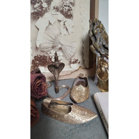 Set Of Vintage Brass Asian Slippers | Etched | Shelf Decor - Picture 7 of 10